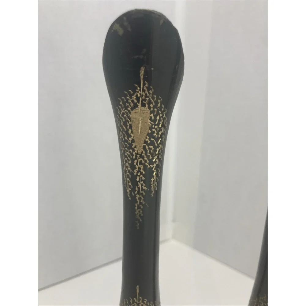 Set of 2 Vtg Solid Brass Black Gold Hand Etched Flower Design Vases 9.5 inch‎